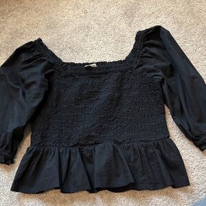LOFT Black Smocked Square-Neck Peplum Blouse